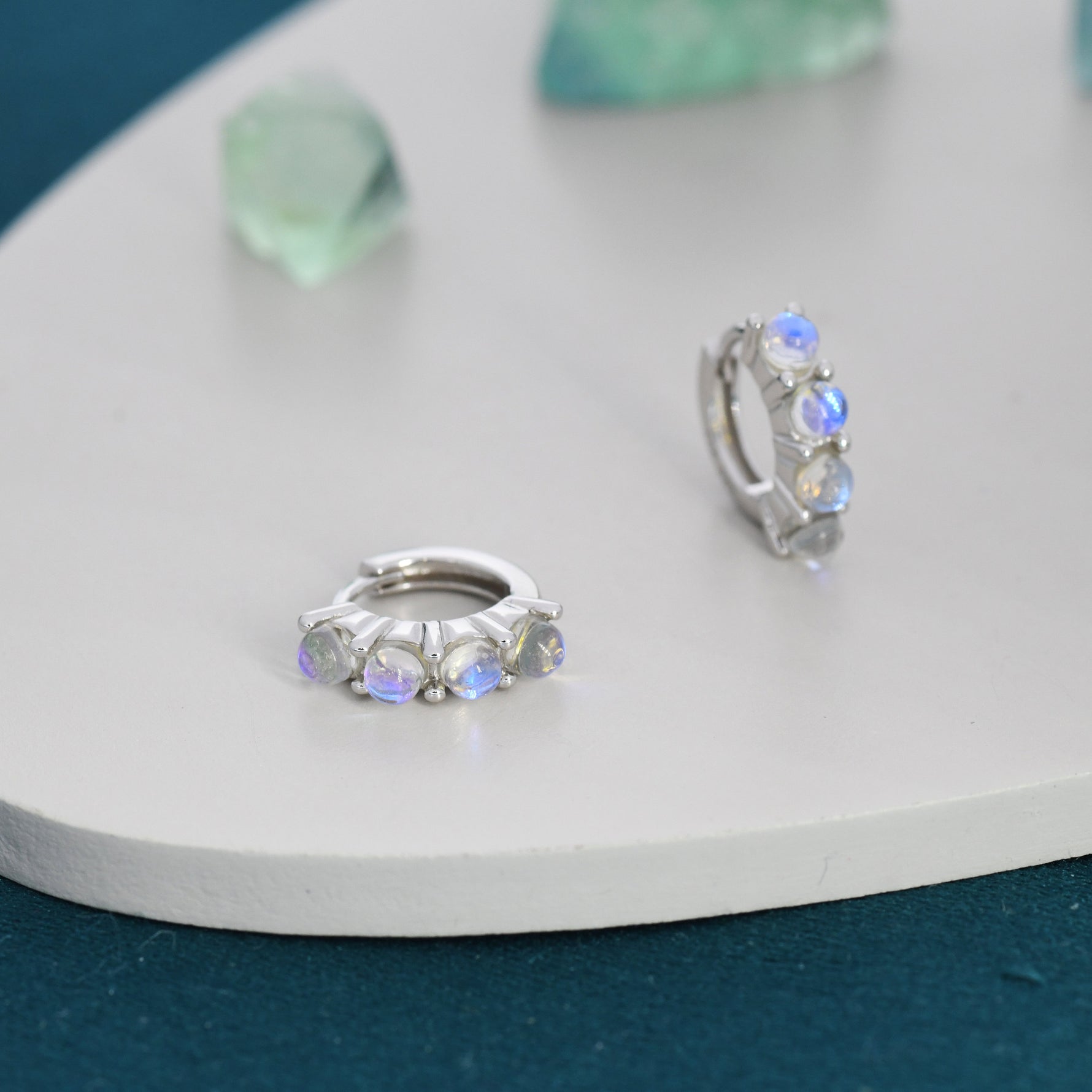 Moonstone Huggie Hoops in Sterling Silver, 8mm Moonstone Hoops, Silver or Gold, Dainty Lab Moonstone Hoops Earrings, Simulated Moonstones