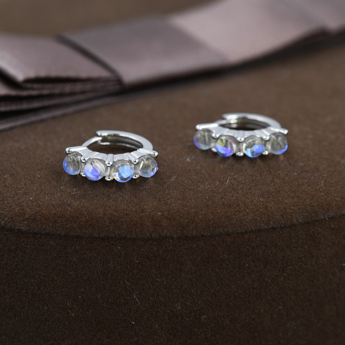 Moonstone Huggie Hoops in Sterling Silver, 8mm Moonstone Hoops, Silver or Gold, Dainty Lab Moonstone Hoops Earrings, Simulated Moonstones
