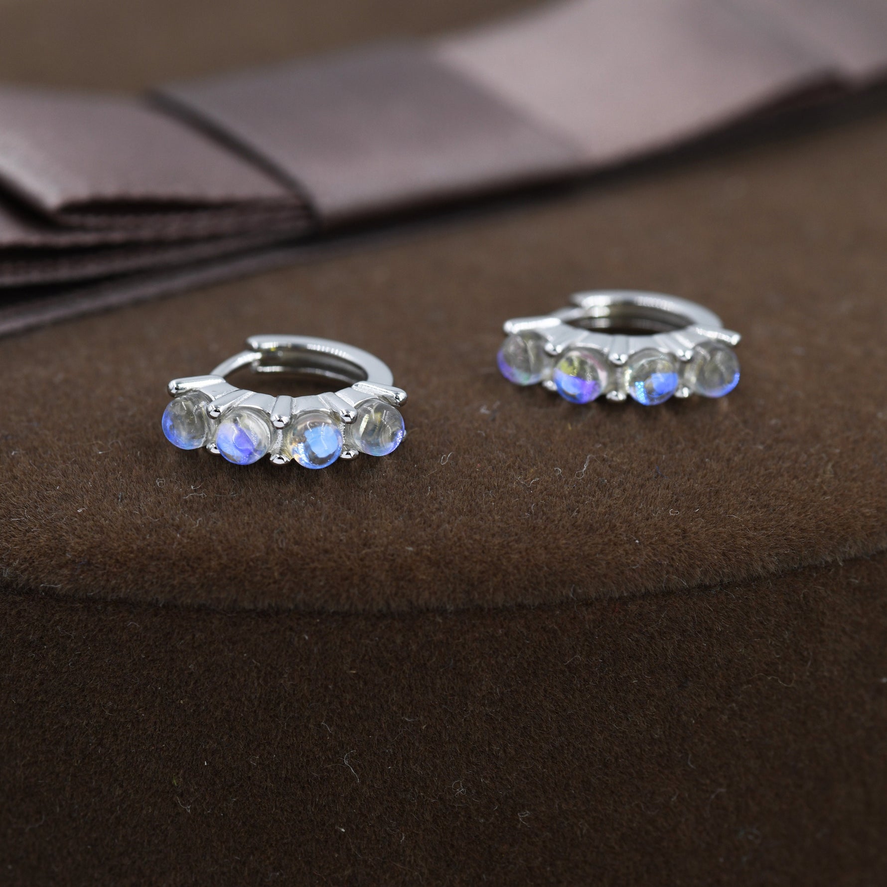 Moonstone Huggie Hoops in Sterling Silver, 8mm Moonstone Hoops, Silver or Gold, Dainty Lab Moonstone Hoops Earrings, Simulated Moonstones