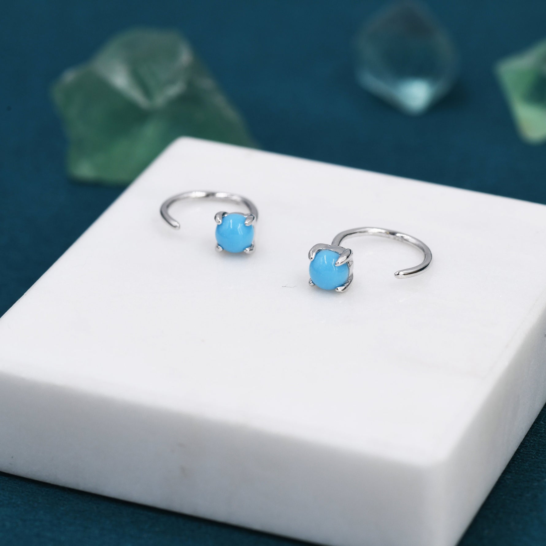 Genuine Turquoise Threader Hoop Earrings in Sterling Silver, Turquoise Dot Open Hoop Earrings, Huggie Hoop, Pull Through