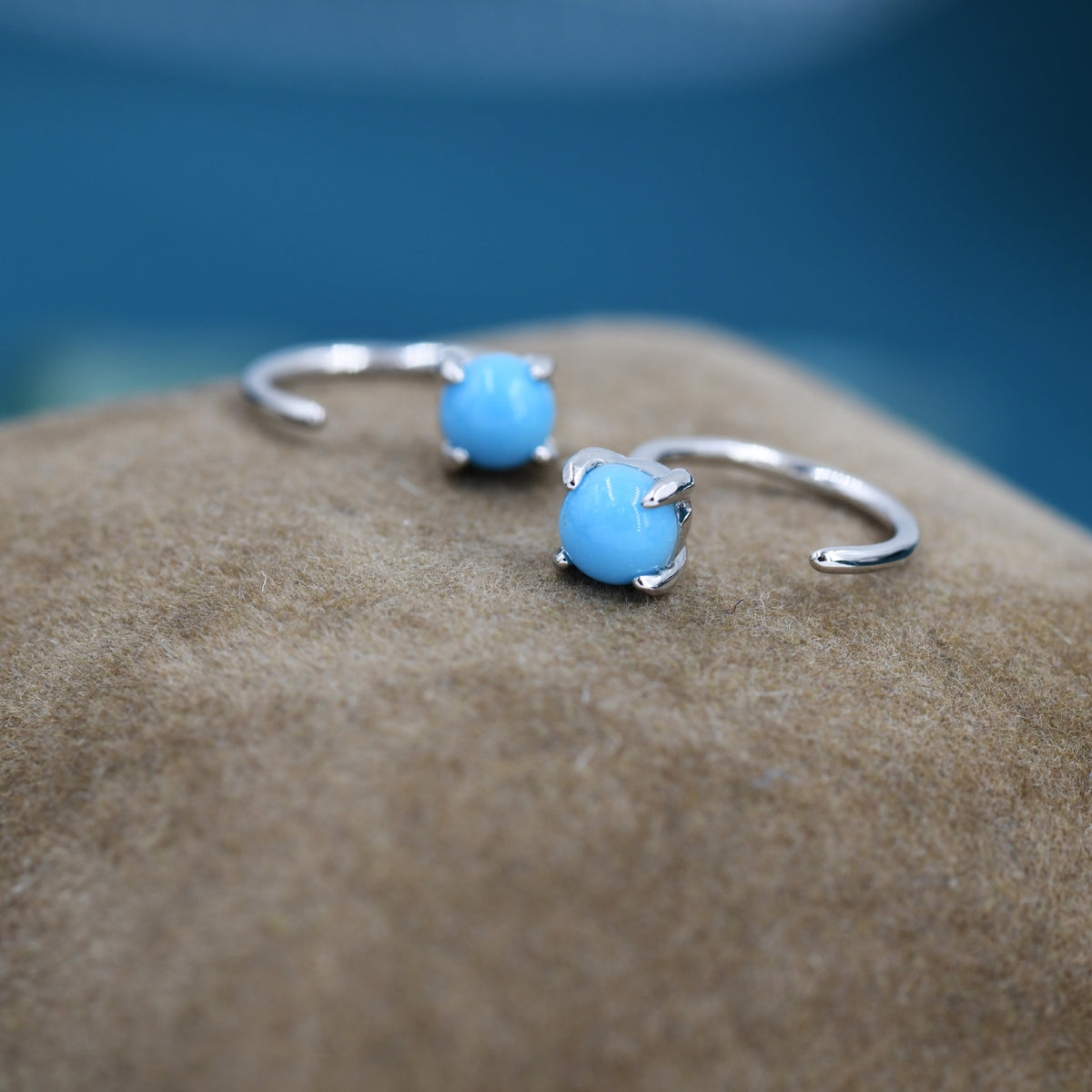 Genuine Turquoise Threader Hoop Earrings in Sterling Silver, Turquoise Dot Open Hoop Earrings, Huggie Hoop, Pull Through