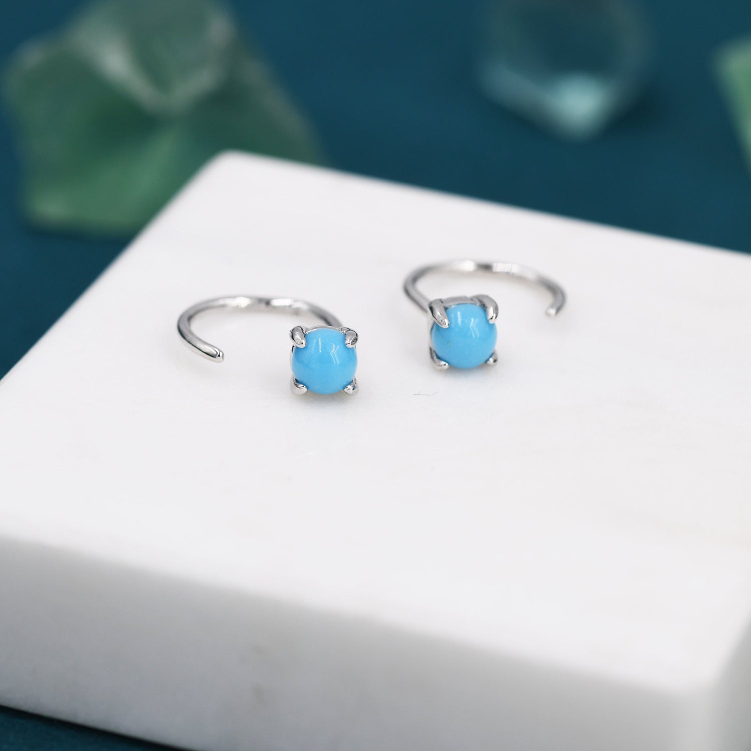 Genuine Turquoise Threader Hoop Earrings in Sterling Silver, Turquoise Dot Open Hoop Earrings, Huggie Hoop, Pull Through