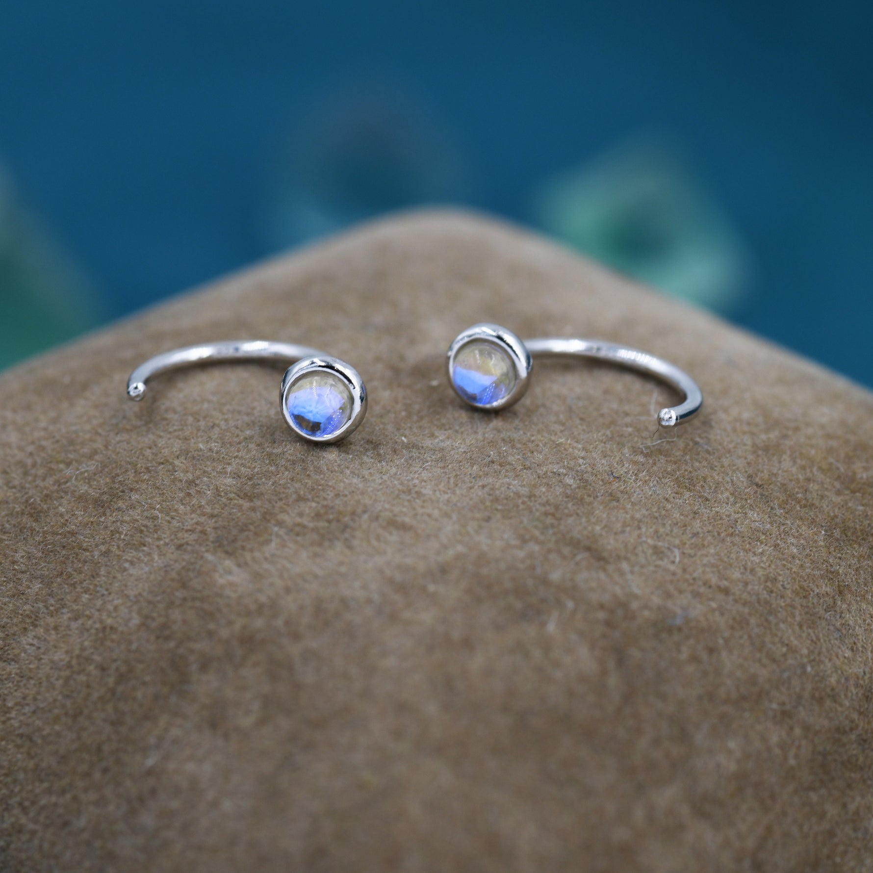 Moonstone Huggie Hoop Earrings in Sterling Silver, Silver or Gold, Tiny Moonstone Open Hoops, Pull Through Threaders, Half Hoops, C Shape