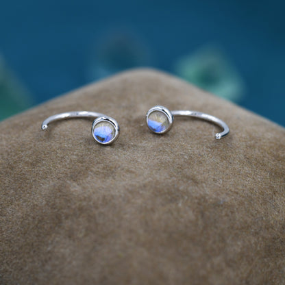 Moonstone Huggie Hoop Earrings in Sterling Silver, Silver or Gold, Tiny Moonstone Open Hoops, Pull Through Threaders, Half Hoops, C Shape