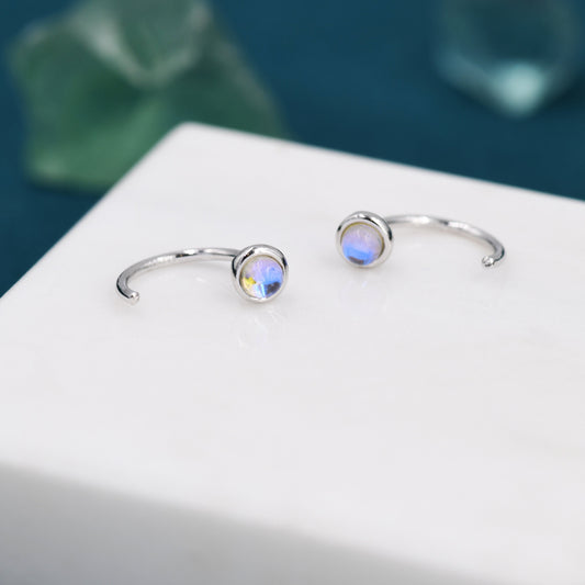 Moonstone Huggie Hoop Earrings in Sterling Silver, Silver or Gold, Tiny Moonstone Open Hoops, Pull Through Threaders, Half Hoops, C Shape