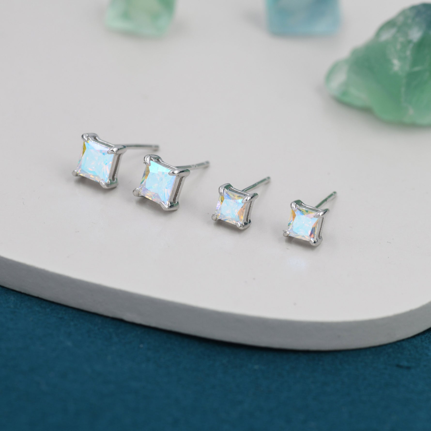 Princess Cut AB Crystal Stud Earrings in Sterling Silver, Square Cut Aurora Crystal Earrings, Rainbow CZ