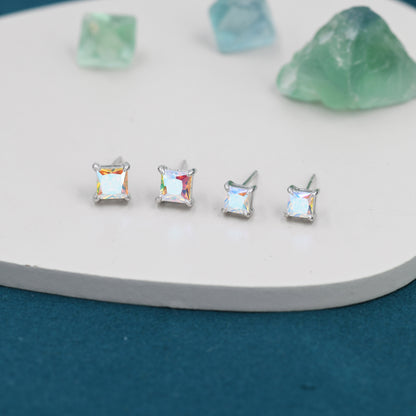Princess Cut AB Crystal Stud Earrings in Sterling Silver,  Square Cut Aurora Crystal Earrings, Rainbow CZ
