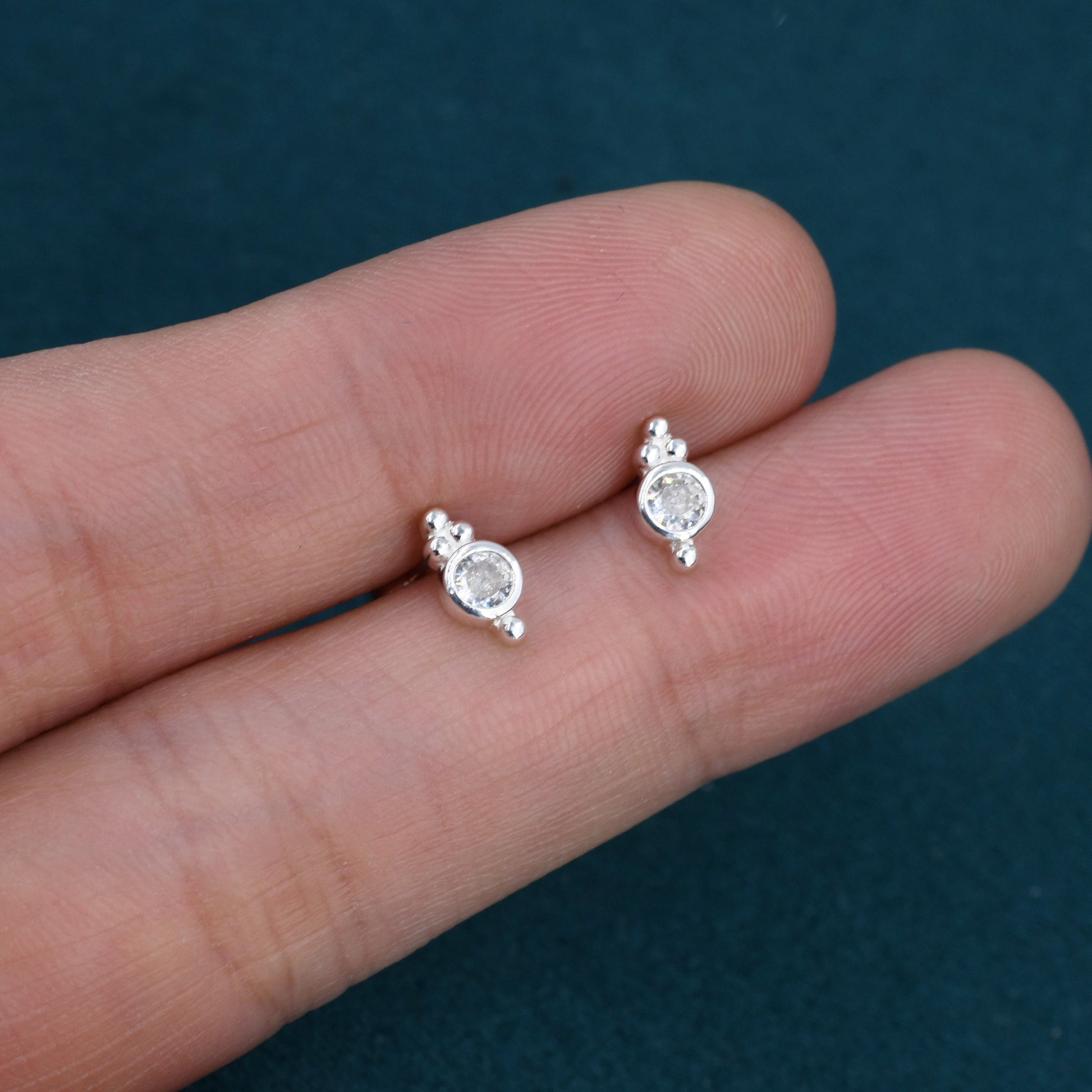Tiny CZ Crystal with Dot Trio Screw Back / Internally Threaded Flat Back Earrings, Dot Earrings, Vintage Inspired Design