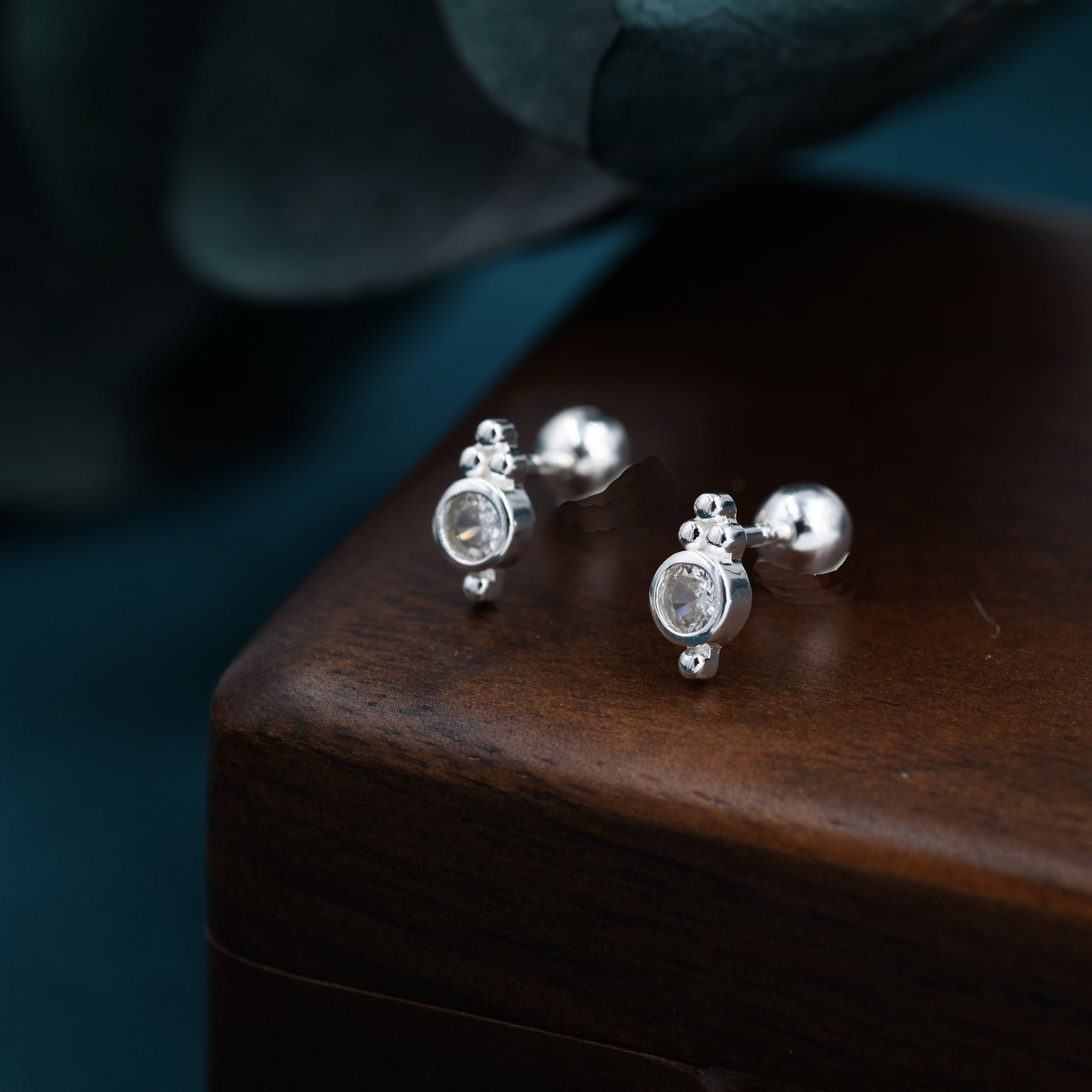 Tiny CZ Crystal with Dot Trio Screw Back / Internally Threaded Flat Back / Stud Earrings, Dot Earrings, Vintage Inspired Design