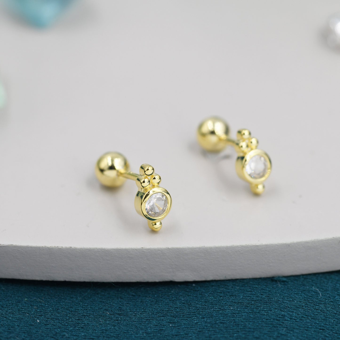 Tiny CZ Crystal with Dot Trio Screw Back / Internally Threaded Flat Back Earrings, Dot Earrings, Vintage Inspired Design