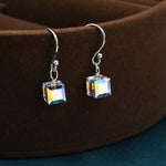 Aurora Borealis Cube Drop Hook Earrings in Sterling Silver, AB CZ Cube Earrings, Aurora Colour Changing Square Earrings
