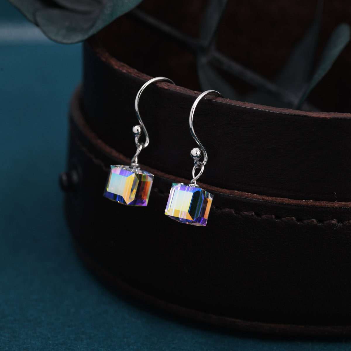 Aurora Borealis Cube Drop Hook Earrings in Sterling Silver, AB CZ Cube Earrings, Aurora Colour Changing Square Earrings