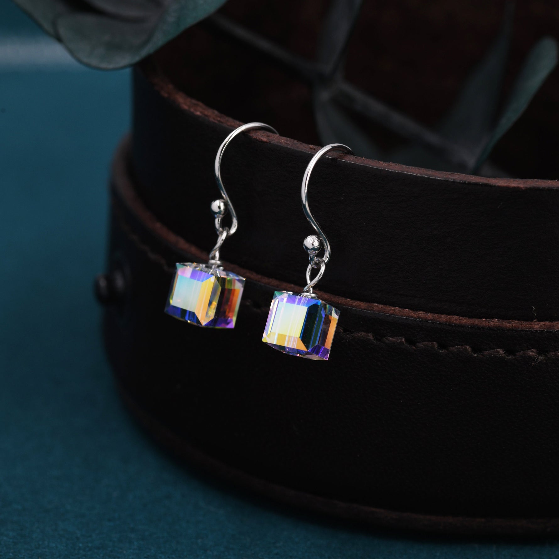 Aurora Borealis Cube Drop Hook Earrings in Sterling Silver, AB CZ Cube Earrings, Aurora Colour Changing Square Earrings