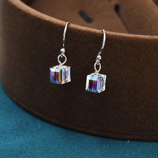 Aurora Borealis Cube Drop Hook Earrings in Sterling Silver, AB CZ Cube Earrings, Aurora Colour Changing Square Earrings