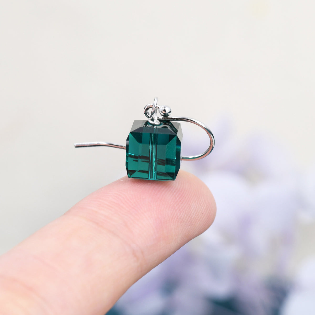 Sale!Emerald Green Crystal Cube Drop Hook Earrings in Sterling Silver, Dark Green Glass Crystal Cube Earrings, Green Square Earrings