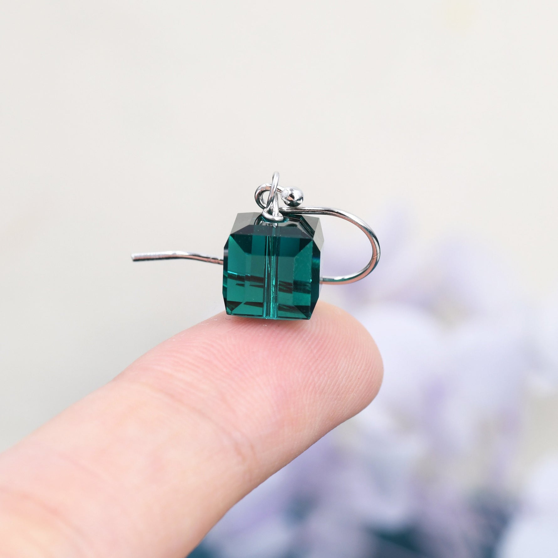 Sale!Emerald Green Crystal Cube Drop Hook Earrings in Sterling Silver, Dark Green Glass Crystal Cube Earrings, Green Square Earrings