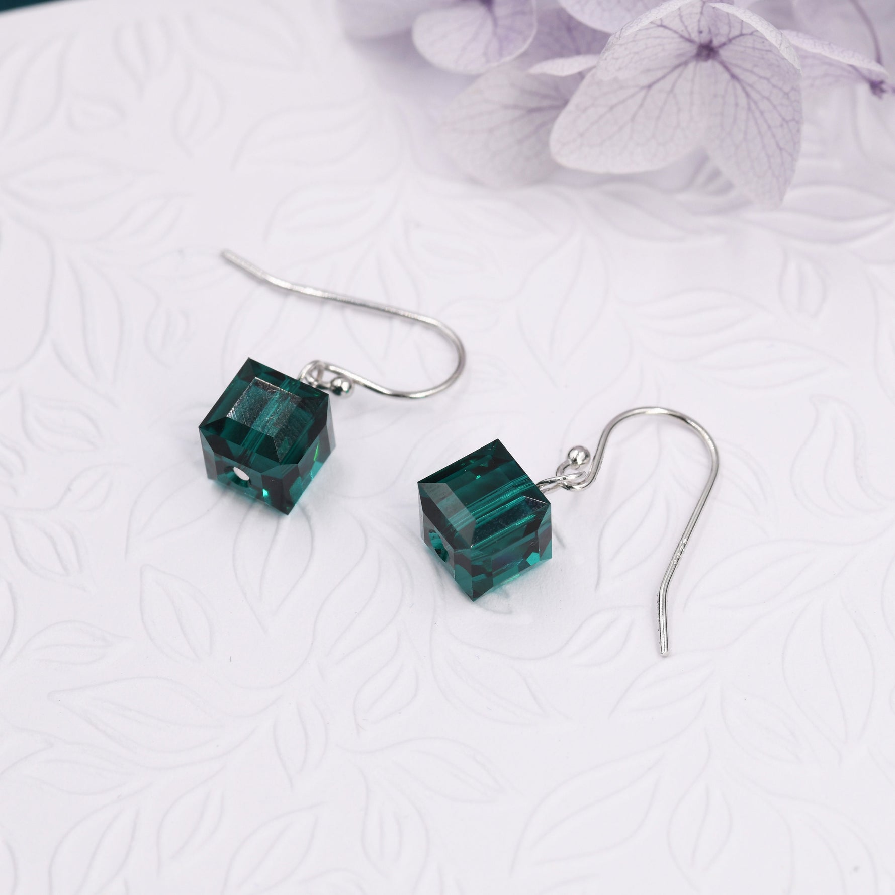Sale!Emerald Green Crystal Cube Drop Hook Earrings in Sterling Silver, Dark Green Glass Crystal Cube Earrings, Green Square Earrings