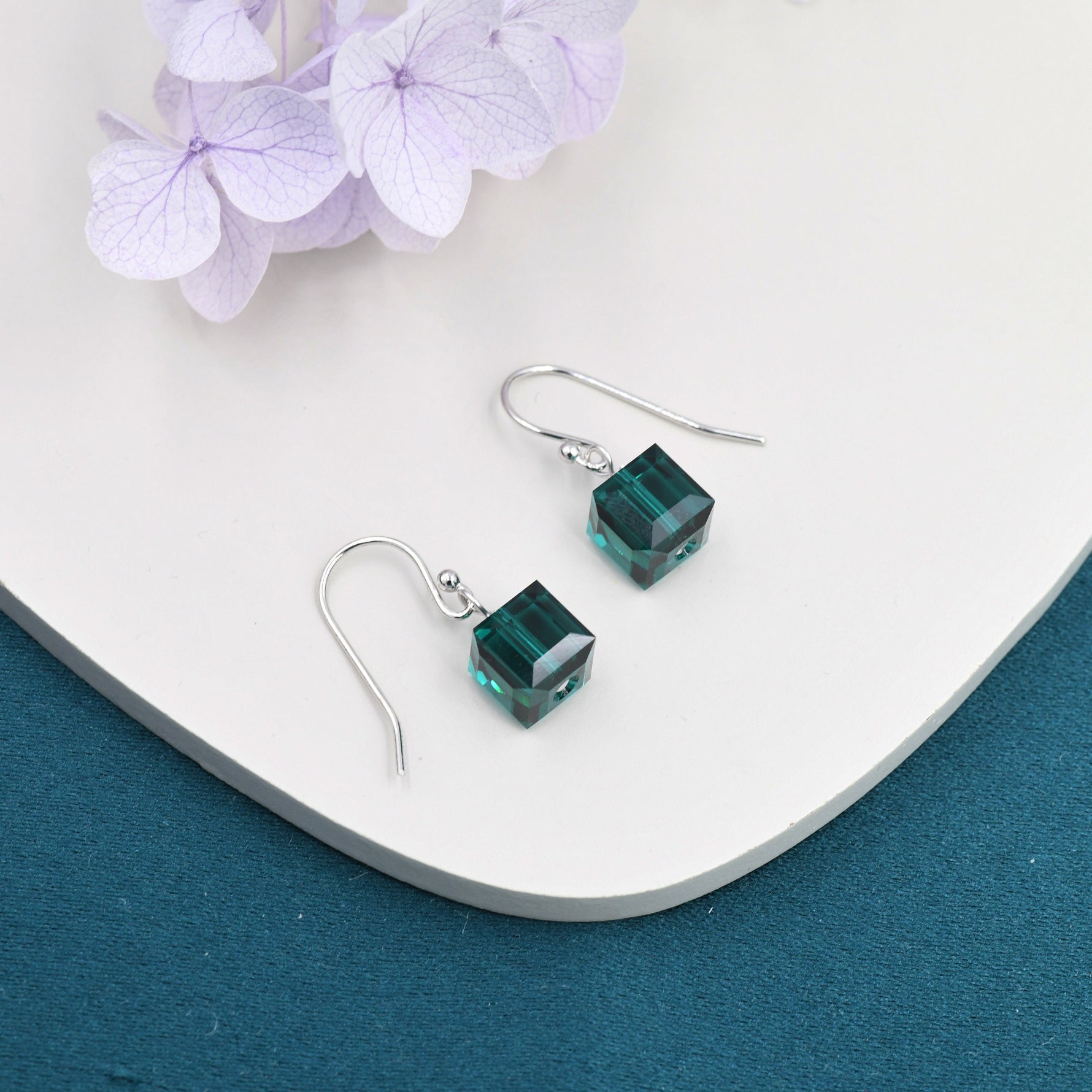 Sale!Emerald Green Crystal Cube Drop Hook Earrings in Sterling Silver, Dark Green Glass Crystal Cube Earrings, Green Square Earrings