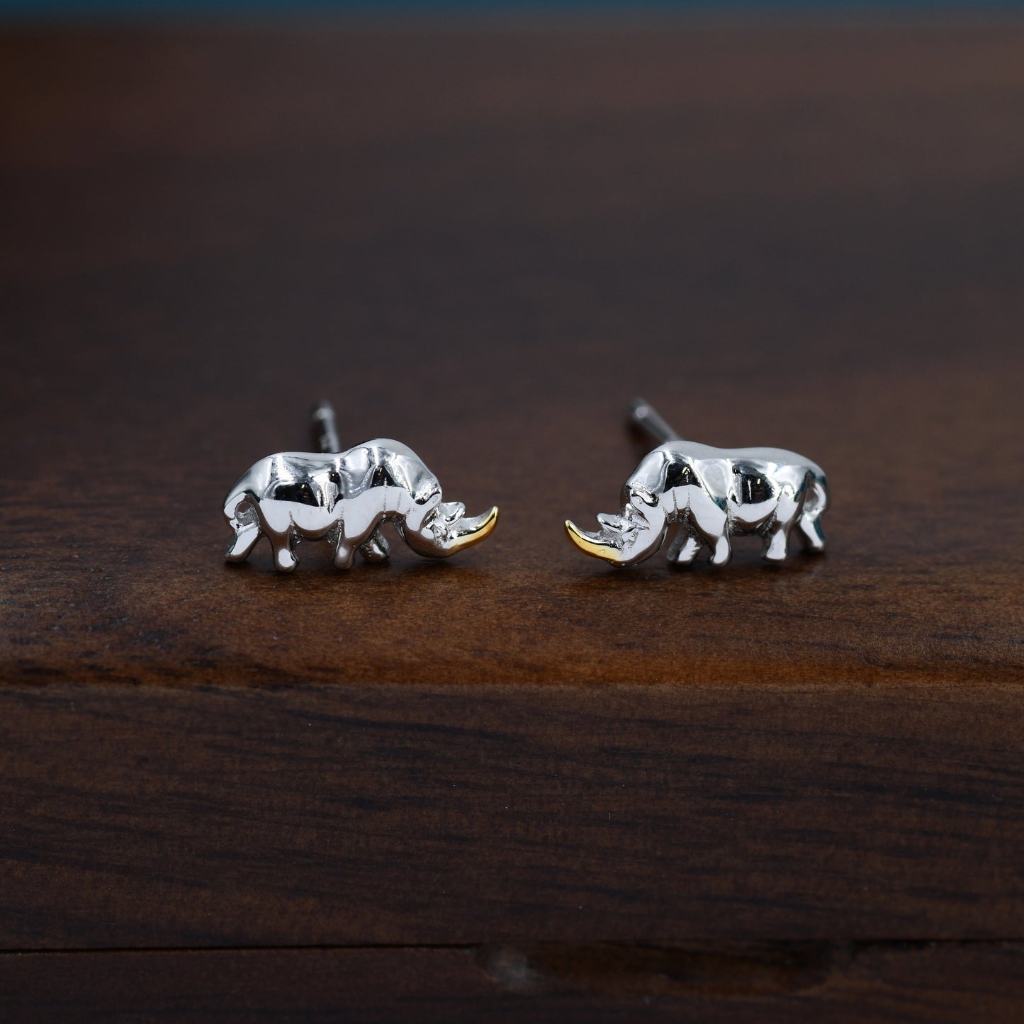 Rhino Stud Earrings in Sterling Silver, Rhinoceros Stud, Safari Earrings, Africa, Nature Inspired, Two Tone Earrings