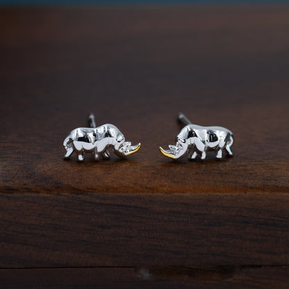 Rhino Stud Earrings in Sterling Silver, Rhinoceros Stud, Safari Earrings, Africa, Nature Inspired, Two Tone Earrings