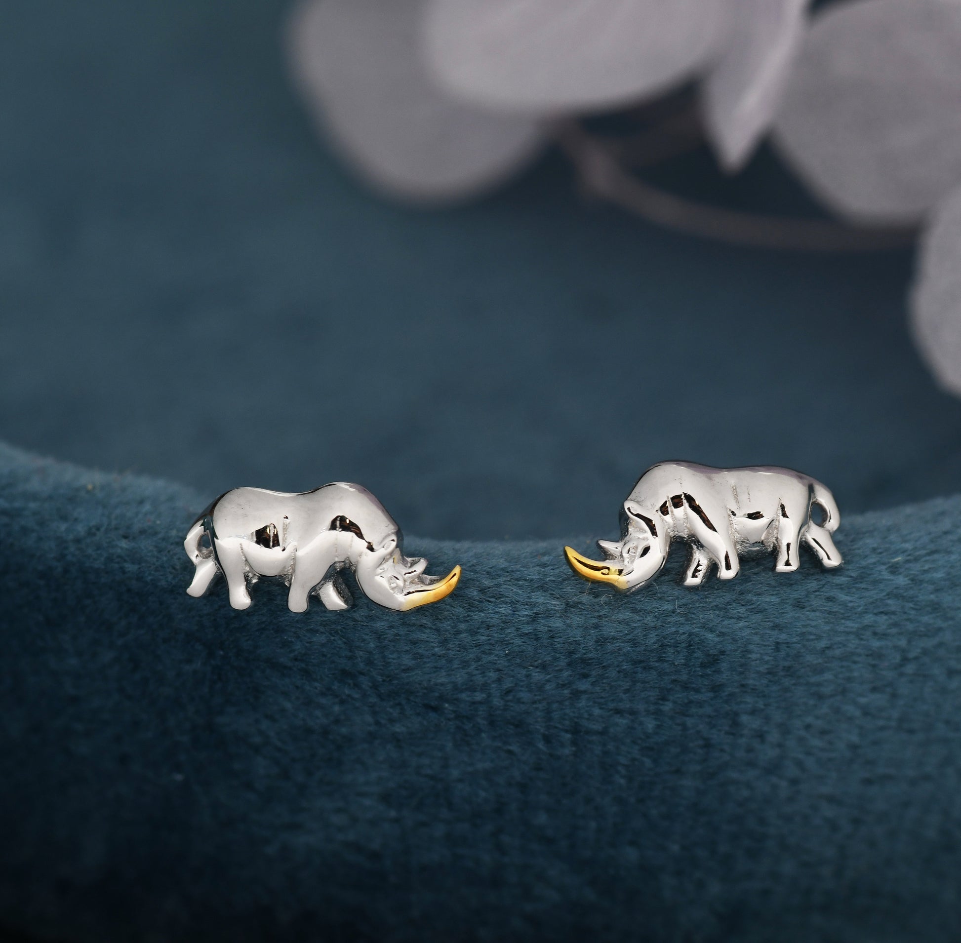 Rhino Stud Earrings in Sterling Silver, Rhinoceros Stud, Safari Earrings, Africa, Nature Inspired, Two Tone Earrings