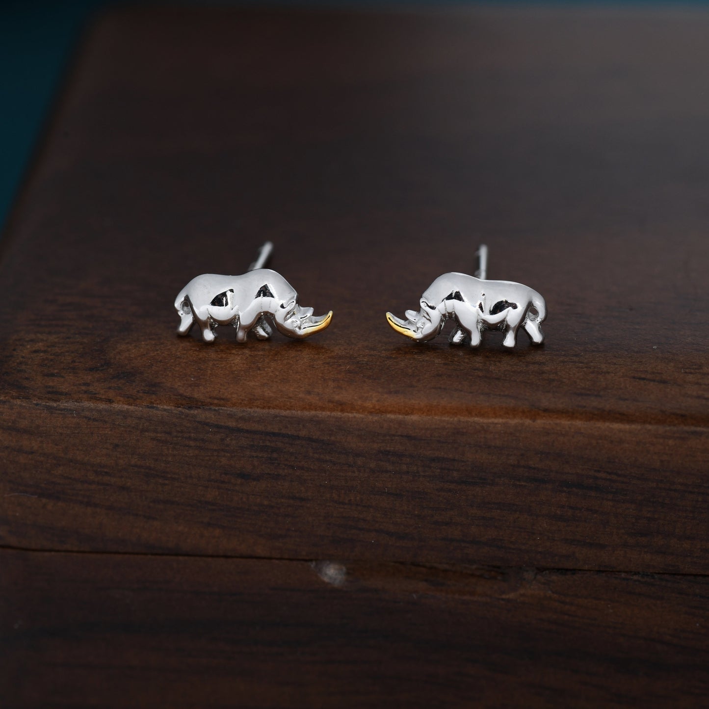 Rhino Stud Earrings in Sterling Silver, Rhinoceros Stud, Safari Earrings, Africa, Nature Inspired, Two Tone Earrings