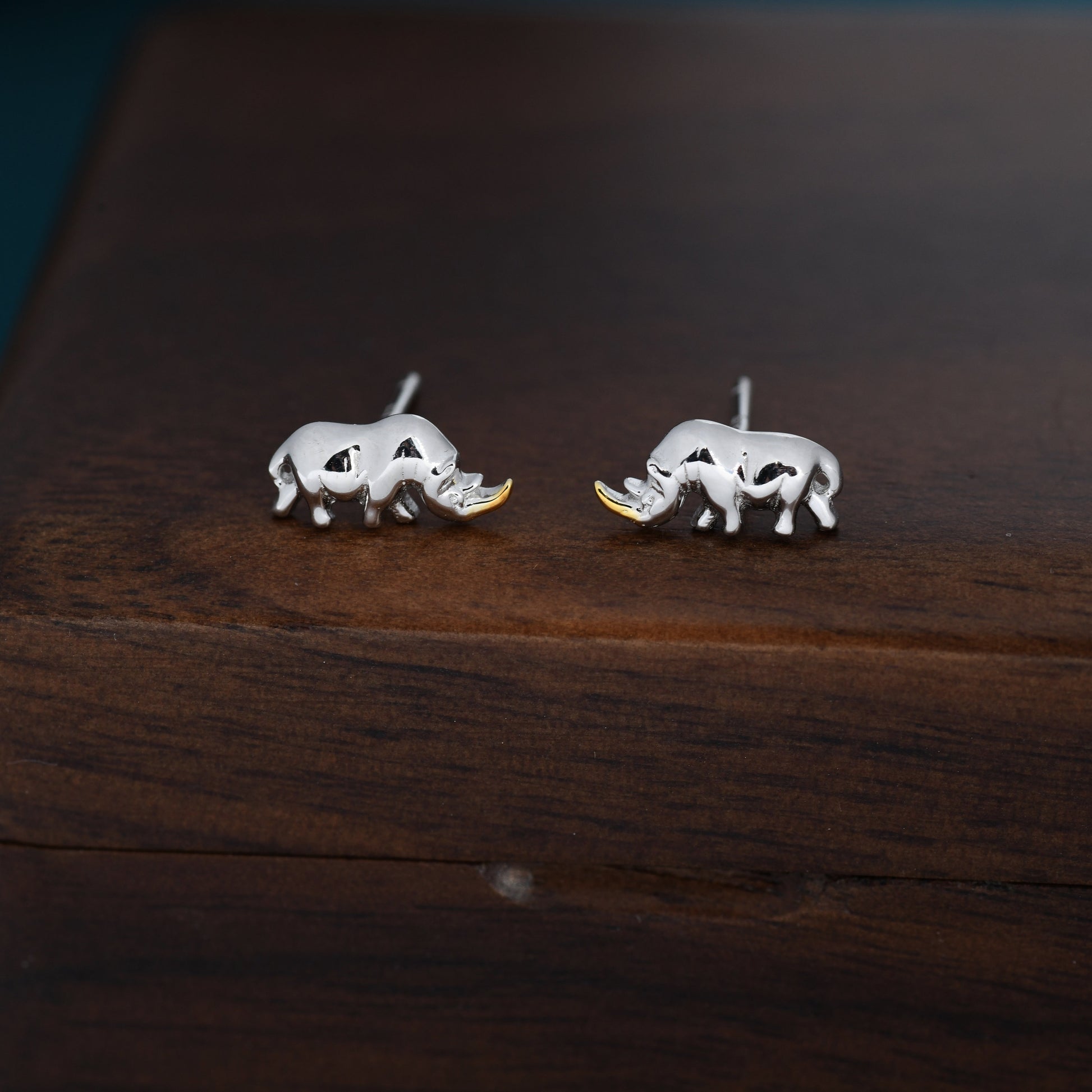 Rhino Stud Earrings in Sterling Silver, Rhinoceros Stud, Safari Earrings, Africa, Nature Inspired, Two Tone Earrings