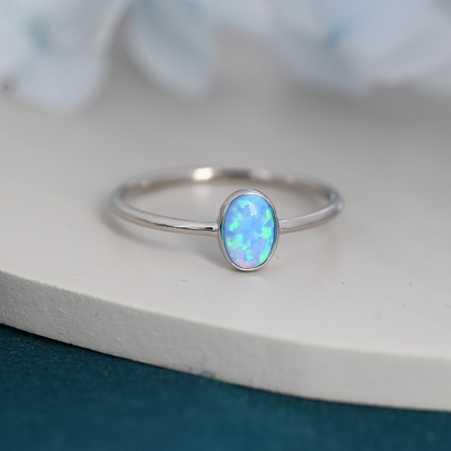Blue Opal Oval Ring in Sterling Silver, US 5 - 8, Delicate Opal Stone Ring, Blue Opal Ring, Lab Opal Ring
