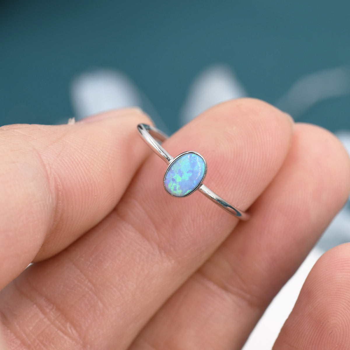 Blue Opal Oval Ring in Sterling Silver, US 5 - 8, Delicate Opal Stone Ring, Blue Opal Ring, Lab Opal Ring