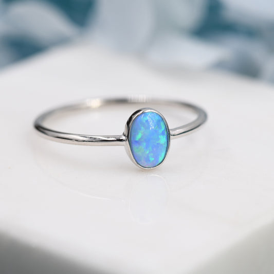 Blue Opal Oval Ring in Sterling Silver, US 5 - 8, Delicate Opal Stone Ring, Blue Opal Ring, Lab Opal Ring