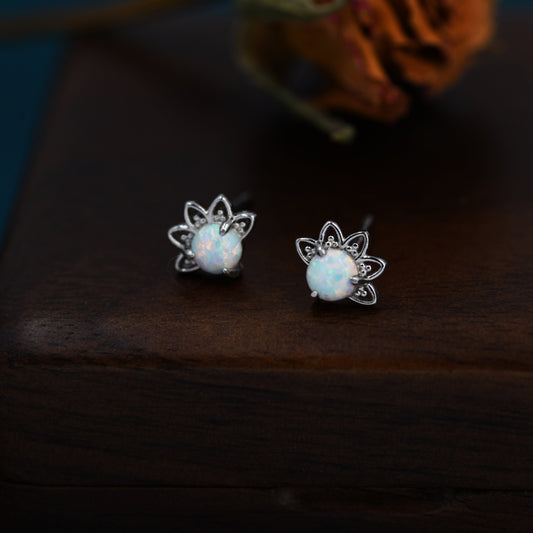 Sterling Silver White Opal Crown Stud Earrings, Prong Set, Opal Earrings, Lab Opal Lotus Earrings, Minimalist