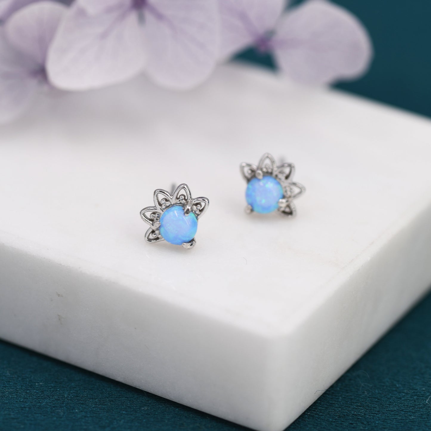 Sterling Silver Blue Opal Crown Stud Earrings, Silver and Gold, Prong Set, Opal Earrings, Lab Opal Lotus Earrings, Minimalist