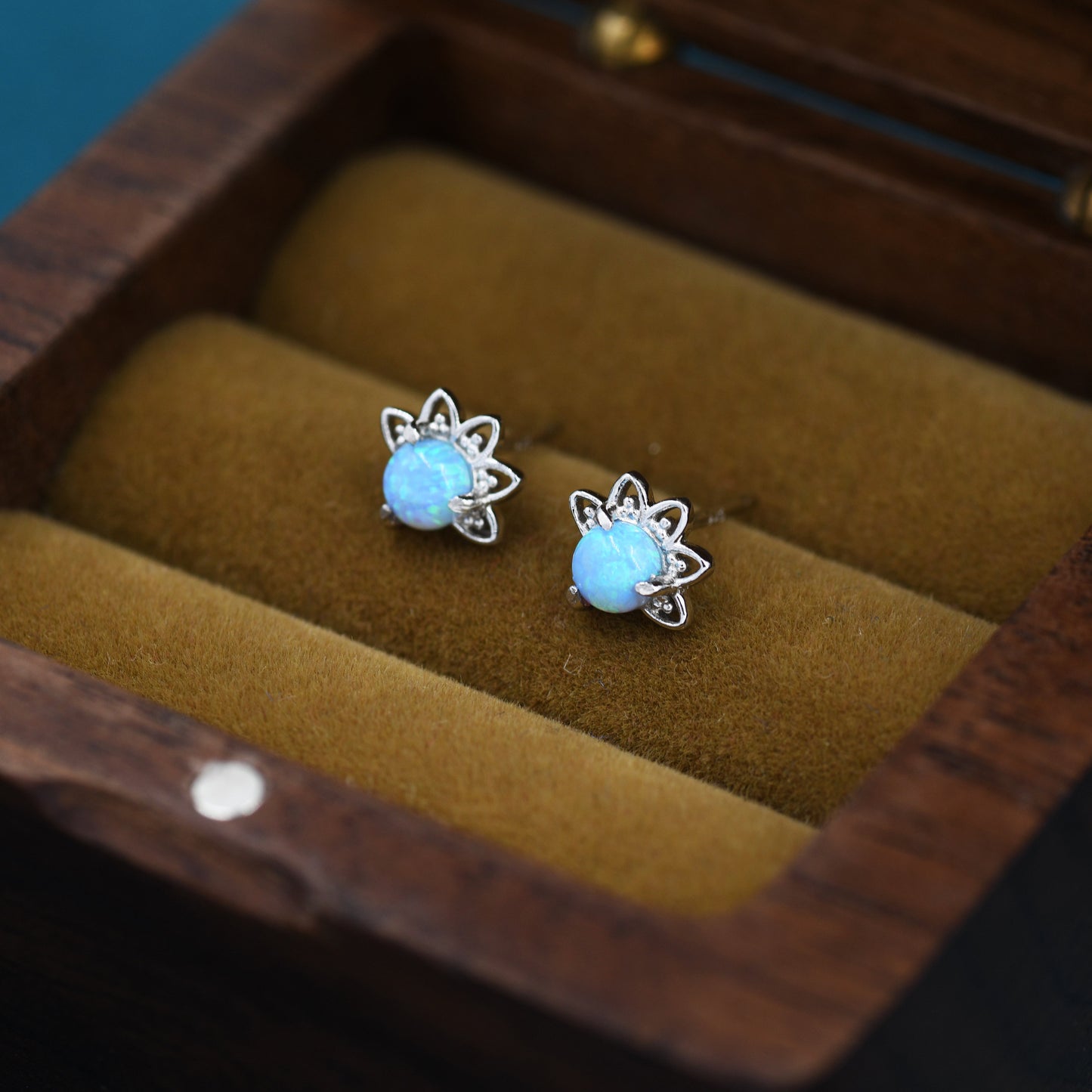 Sterling Silver Blue Opal Crown Stud Earrings, Silver and Gold, Prong Set, Opal Earrings, Lab Opal Lotus Earrings, Minimalist