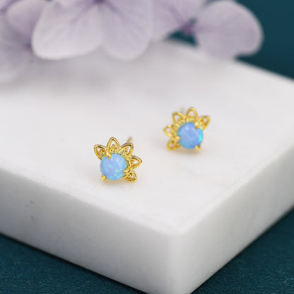 Sterling Silver Blue Opal Crown Stud Earrings, Silver and Gold, Prong Set, Opal Earrings, Lab Opal Lotus Earrings, Minimalist