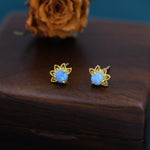 Sterling Silver Blue Opal Crown Stud Earrings, Silver and Gold, Prong Set, Opal Earrings, Lab Opal Lotus Earrings, Minimalist