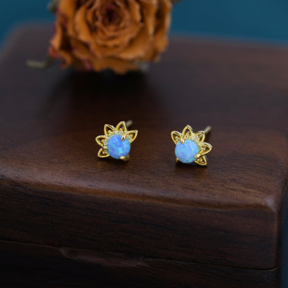 Sterling Silver Blue Opal Crown Stud Earrings, Silver and Gold, Prong Set, Opal Earrings, Lab Opal Lotus Earrings, Minimalist