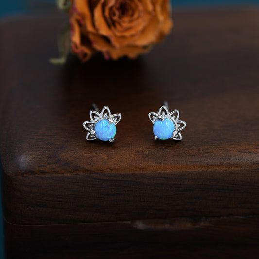 Sterling Silver Blue Opal Crown Stud Earrings, Silver and Gold, Prong Set, Opal Earrings, Lab Opal Lotus Earrings, Minimalist