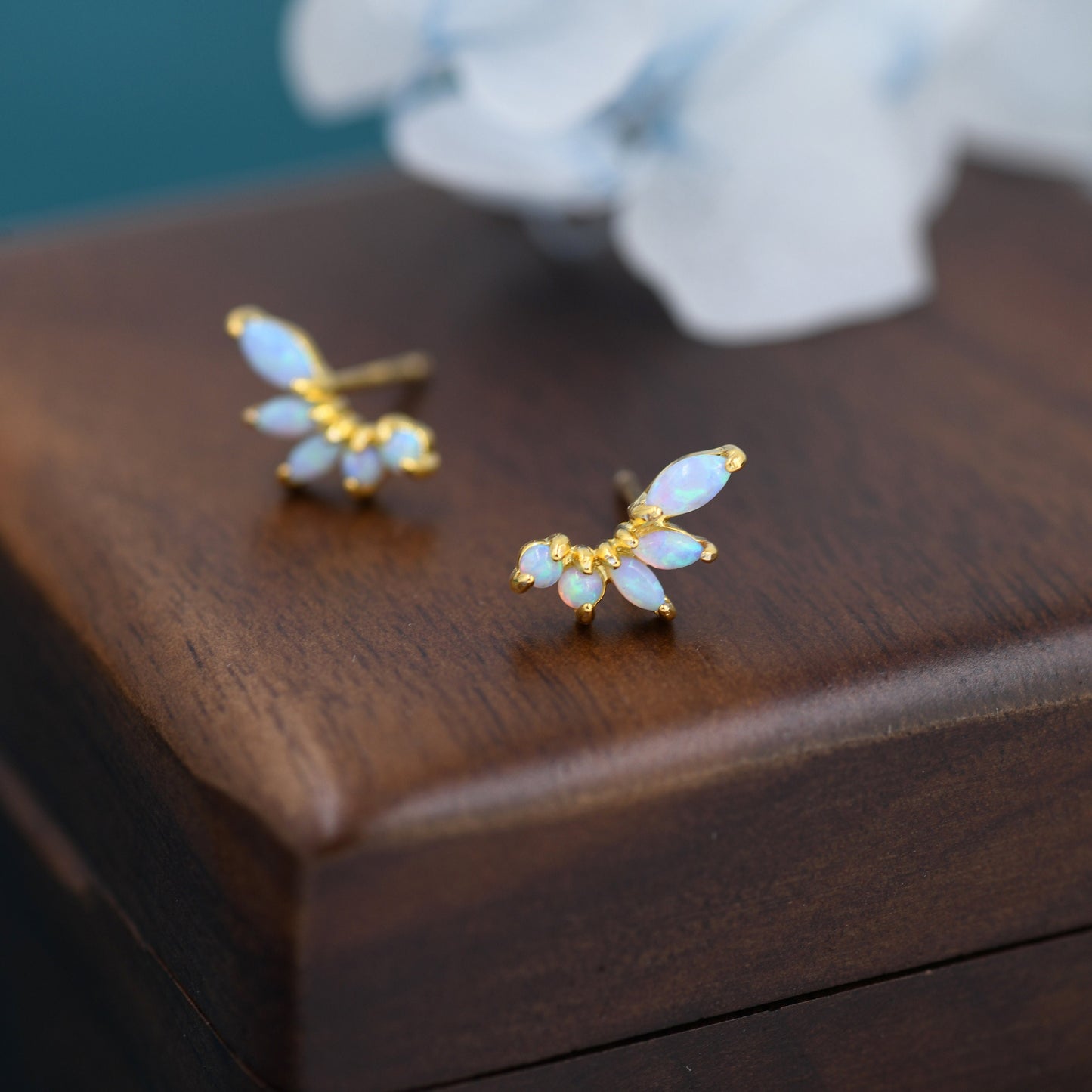 Sterling Silver Blue Opal Marquise Cluster Stud Earrings, Silver and Gold, Blue Opal Earrings, Lab Opal Mini Crawler Earrings, Minimalist