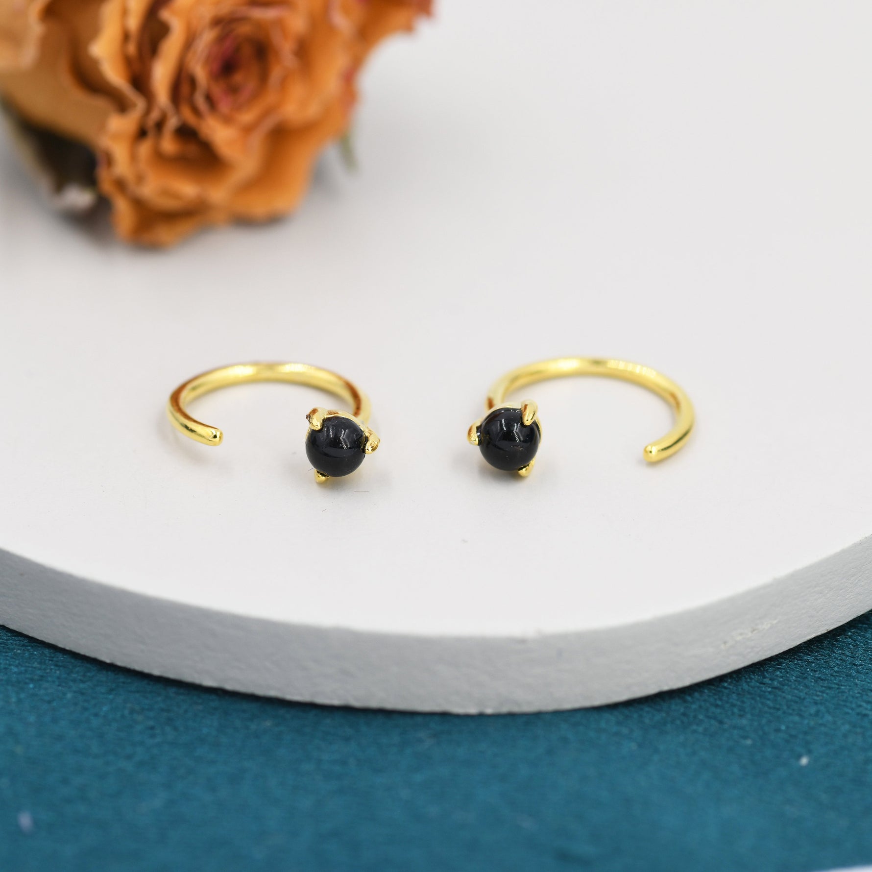Genuine Black Onyx Huggie Hoop Earrings in Sterling Silver, 3mm Natural Black Onyx Open Hoops, Pull Through Threaders, Half Hoops, C Shape