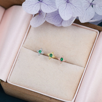 Extra Tiny Dotted Cluster Emerald Green CZ Stud Earrings in Sterling Silver, Gold or Silver or Rose Gold, Four Cluster Earrings