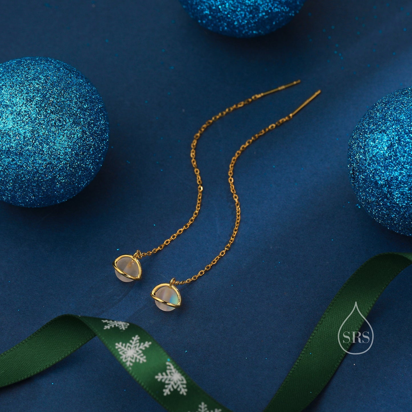 Frosted Moonstone Planet Threader Earrings in Sterling Silver, Silver or Gold, Lab Moonstone Bead Planet Ear Threaders, 9cm long threaders