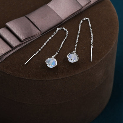 Frosted Moonstone Planet Threader Earrings in Sterling Silver, Silver or Gold, Lab Moonstone Bead Planet Ear Threaders, 9cm long threaders