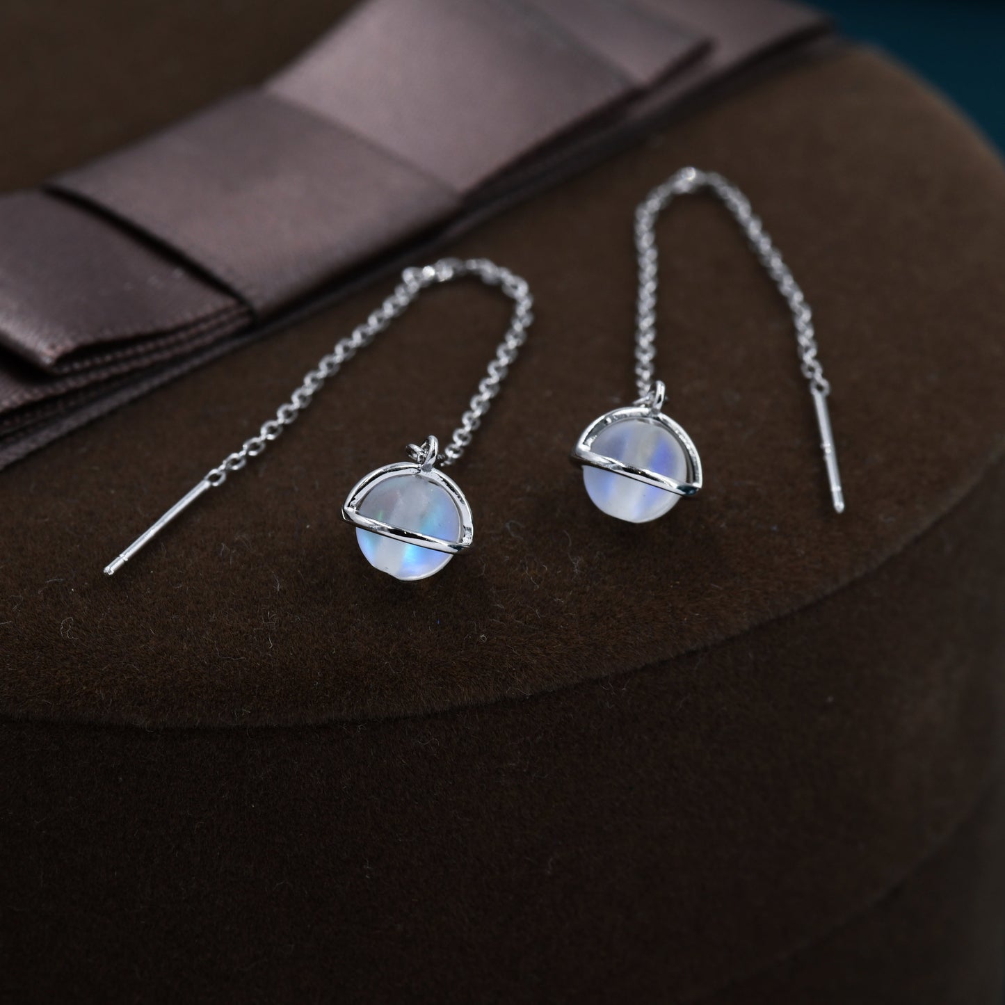Frosted Moonstone Planet Threader Earrings in Sterling Silver, Silver or Gold, Lab Moonstone Bead Planet Ear Threaders, 9cm long threaders