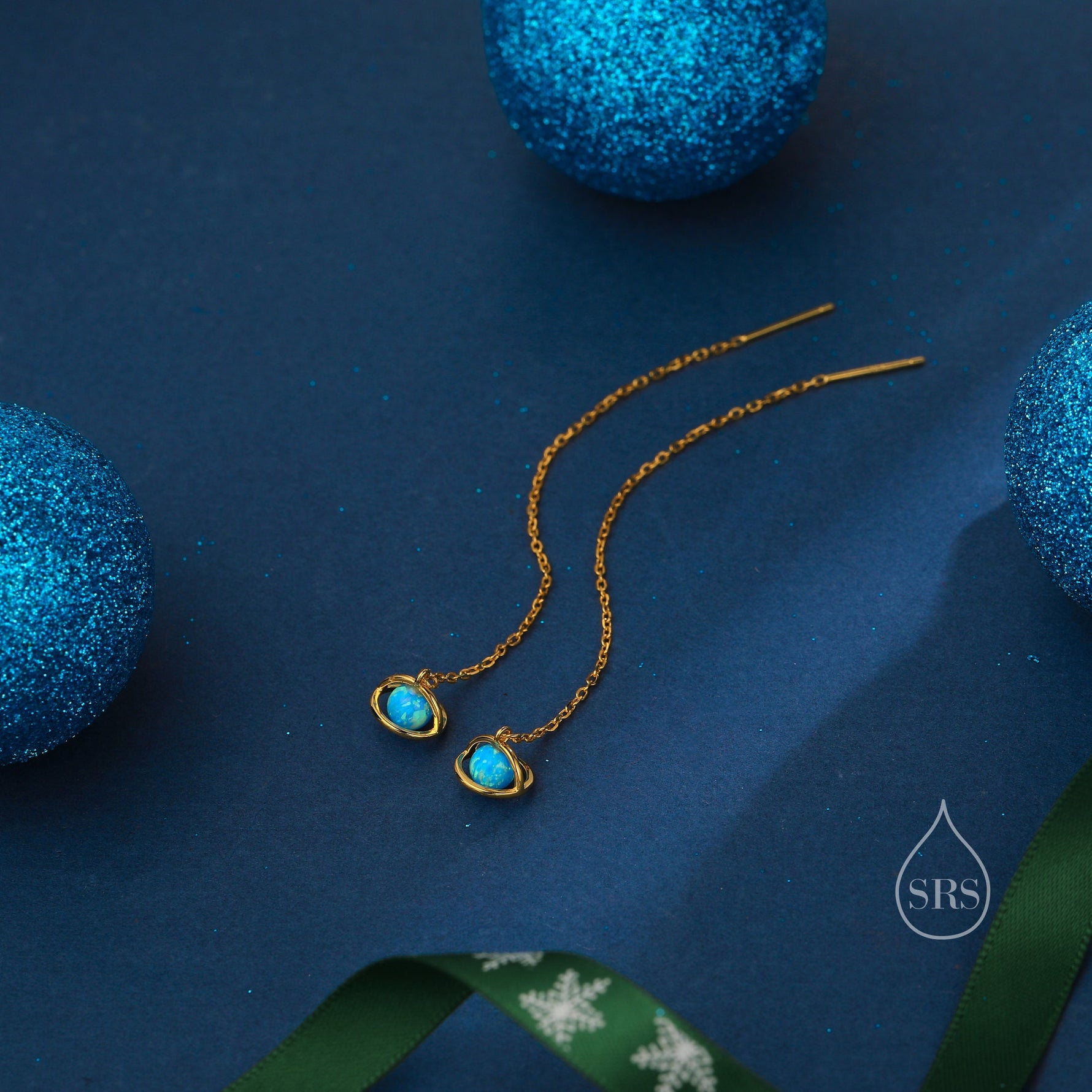 Blue Opal Planet Threader Earrings in Sterling Silver, Silver or Gold, Opal Planet Ear Threaders, 9cm long threaders