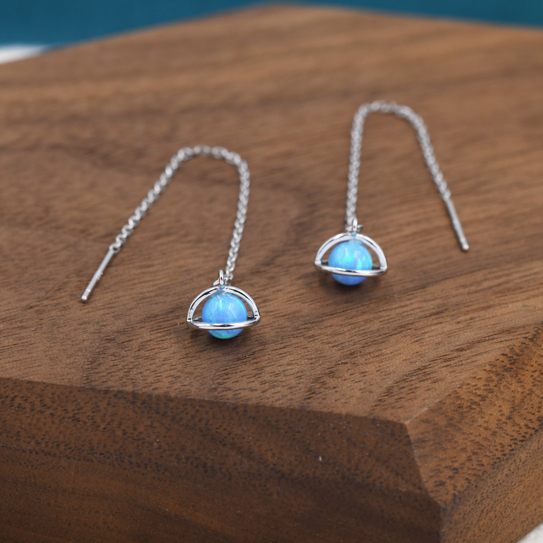 Blue Opal Planet Threader Earrings in Sterling Silver, Silver or Gold, Opal Planet Ear Threaders, 9cm long threaders