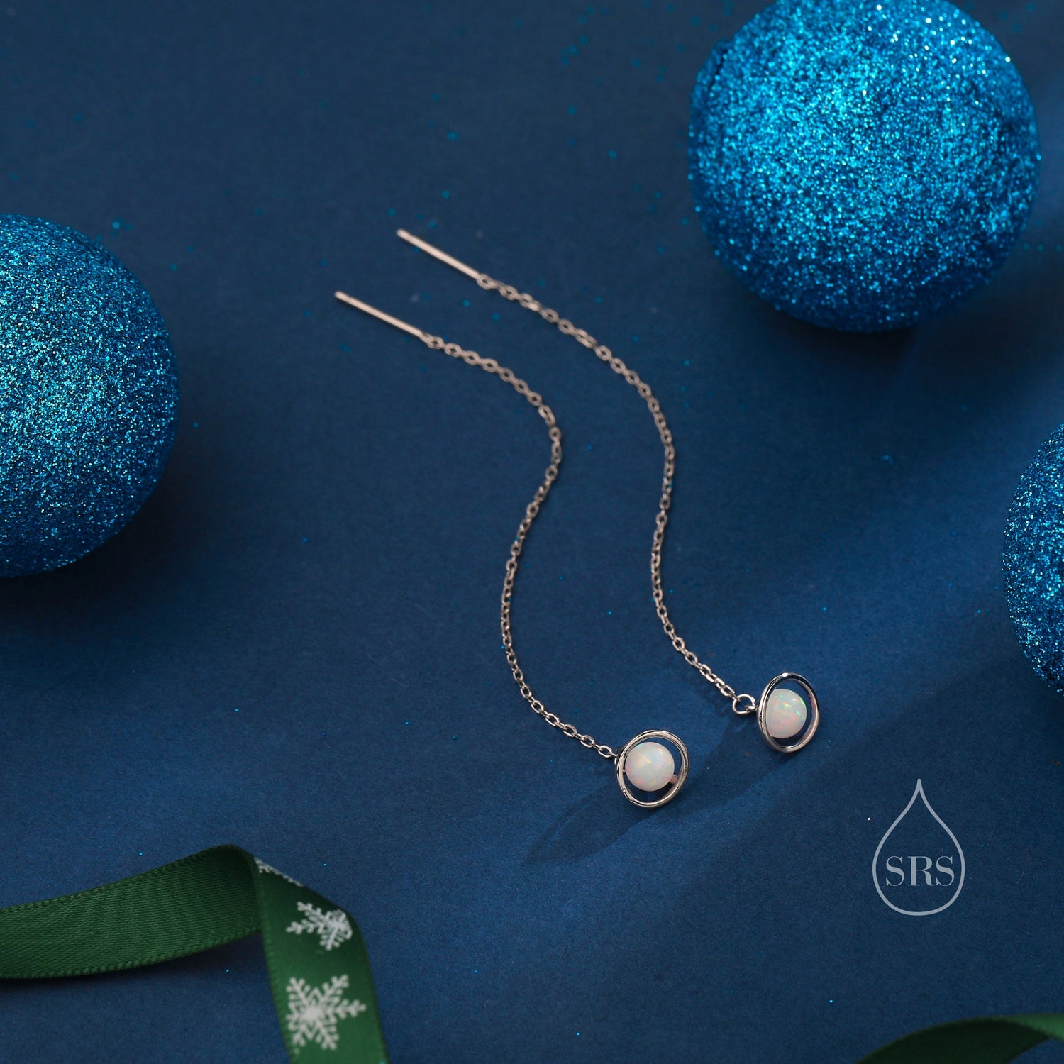 White Opal Planet Threader Earrings in Sterling Silver, Silver or Gold, Opal Planet Ear Threaders, 9cm long threaders