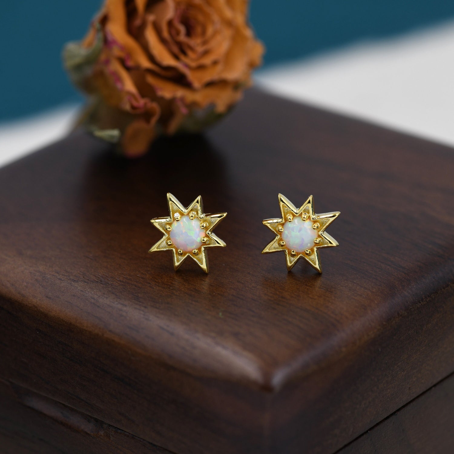 Starburst White Opal Stud Earrings in Sterling Silver, Silver or Gold, Star Opal Earrings, Stacking Earrings