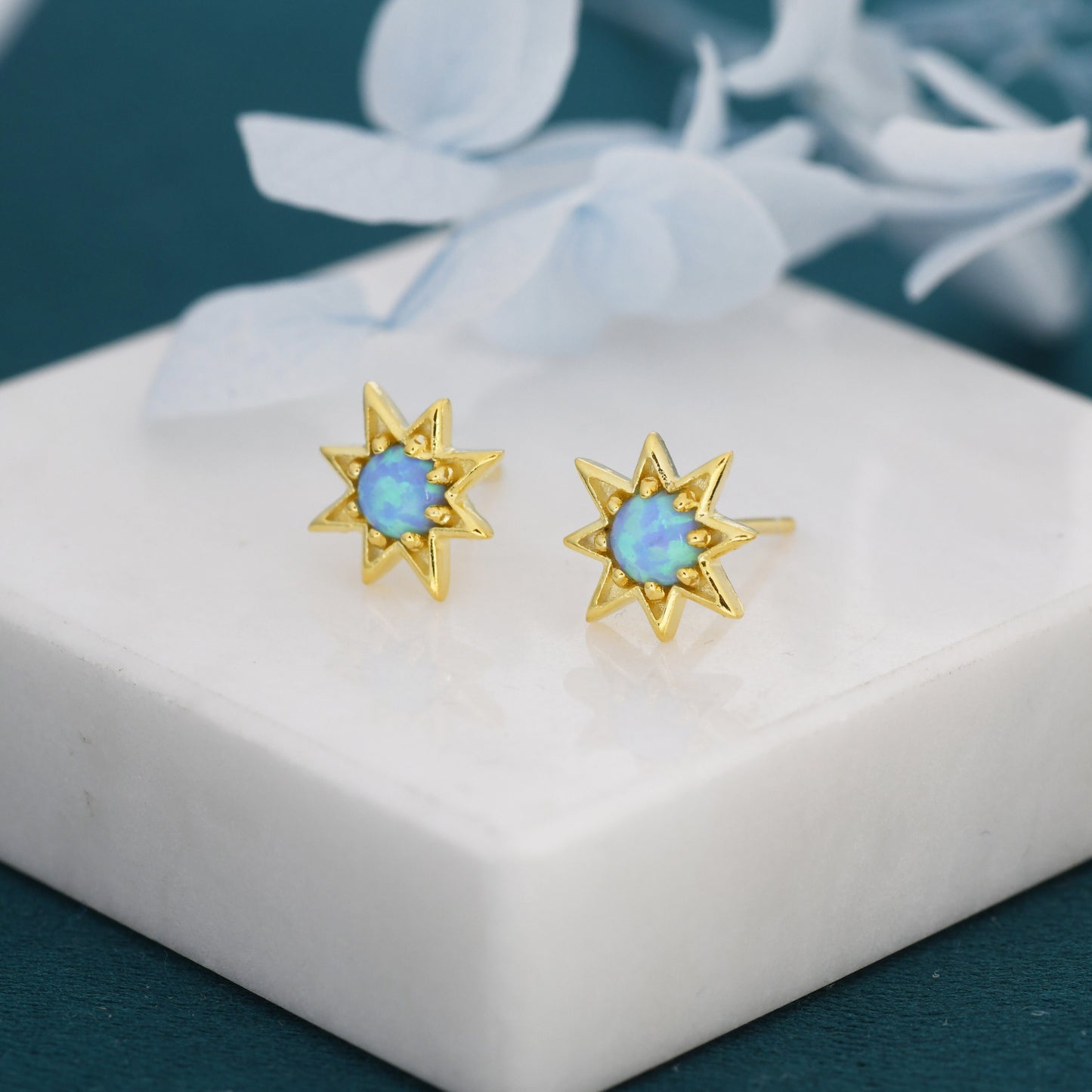 Starburst Blue Opal Stud Earrings in Sterling Silver, Silver or Gold, Star Opal Earrings, Stacking Earrings