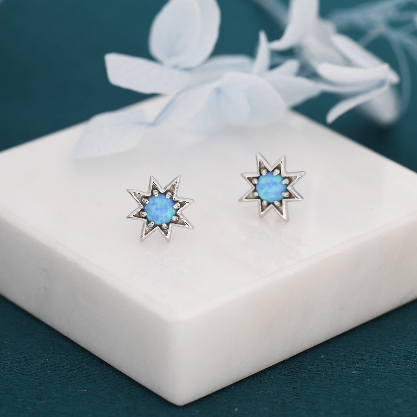 Starburst Blue Opal Stud Earrings in Sterling Silver, Silver or Gold, Star Opal Earrings, Stacking Earrings