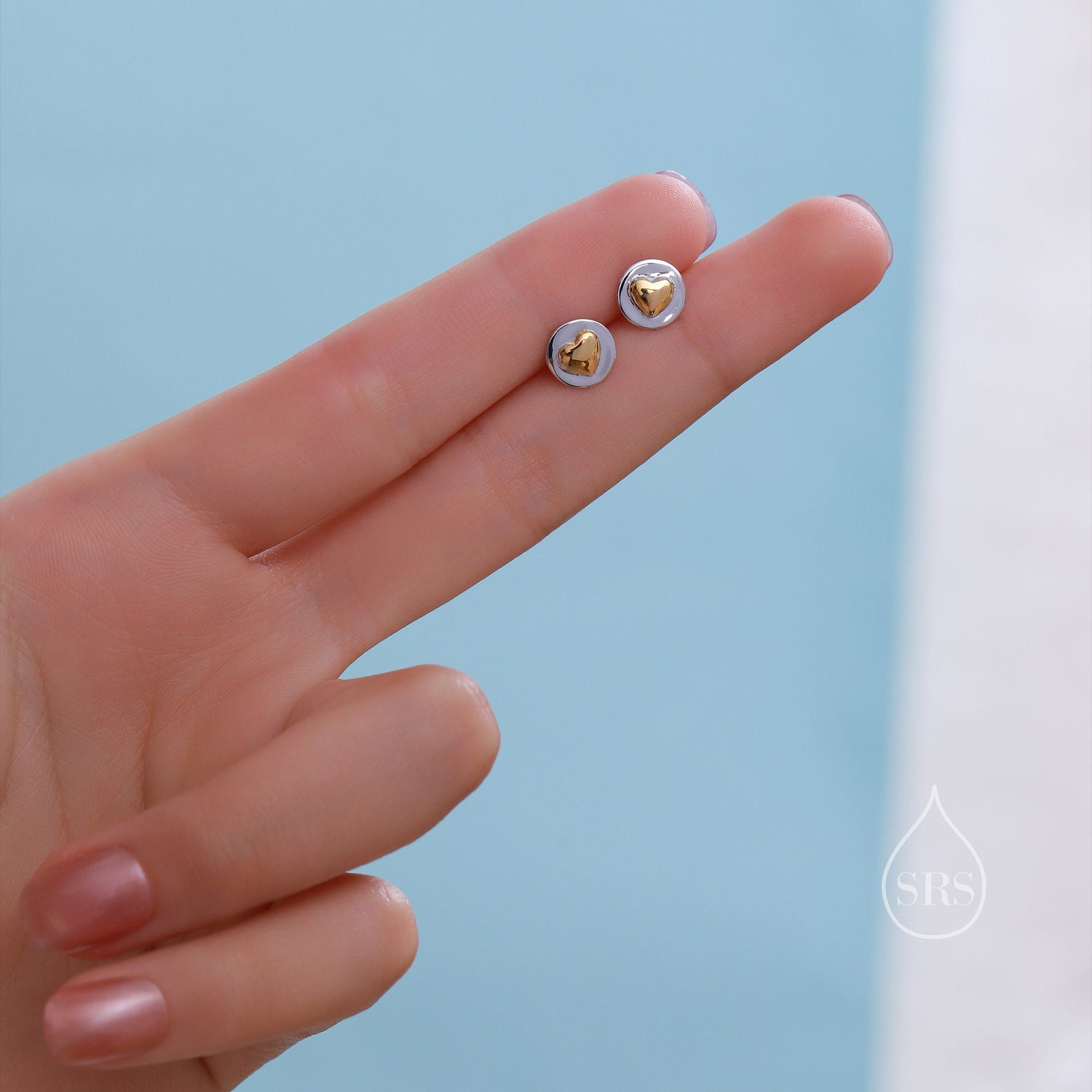 Two Tone Heart Disk Stud Earrings in Sterling Silver, Heart Earrings, Heart Round Circle Earrings